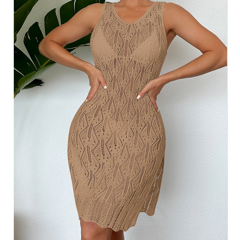 Damen Midilang Sexy Cutout Unifarben Weste Kleid Seitenschlitz Strandkleid Häkelnadel
