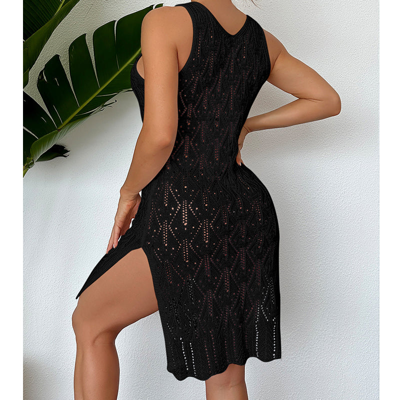 Damen Midilang Sexy Cutout Unifarben Weste Kleid Seitenschlitz Strandkleid Häkelnadel