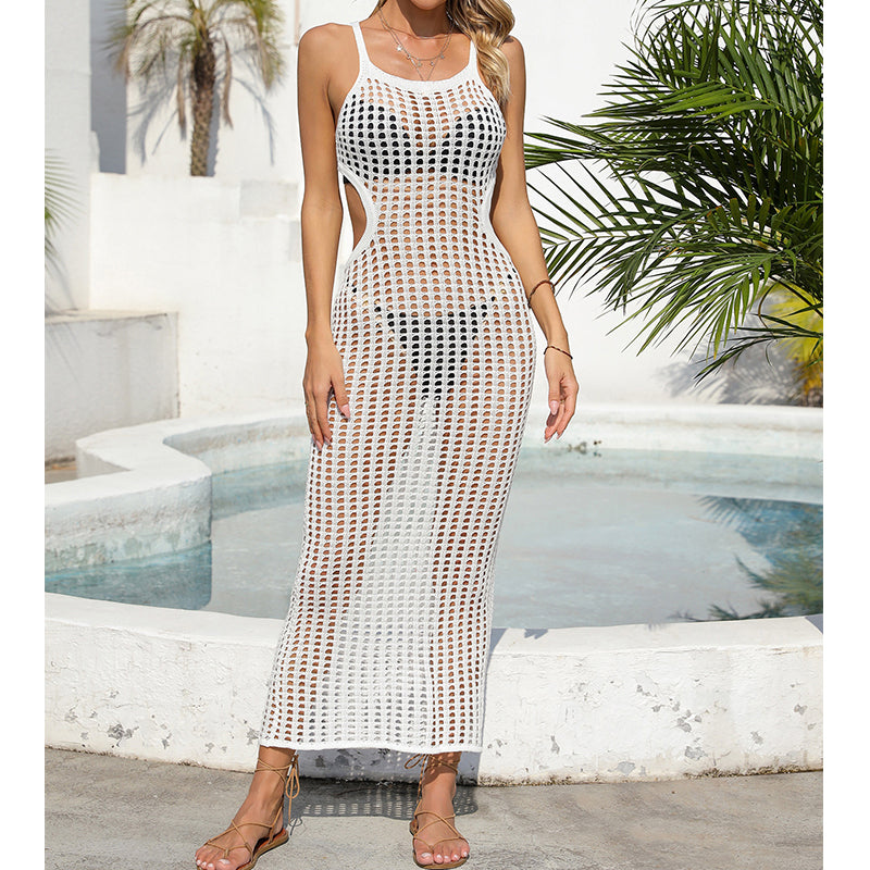 Sexy Aushöhlungen, Cut-Outs an der Taille, langes, einfarbiges, atmungsaktives Träger-Maxikleid, Sonnenschutz-Strandkleid, Häkelnadel