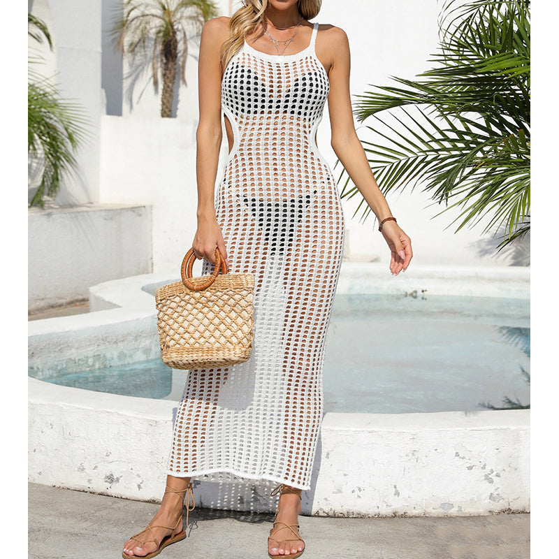 Sexy Aushöhlungen, Cut-Outs an der Taille, langes, einfarbiges, atmungsaktives Träger-Maxikleid, Sonnenschutz-Strandkleid, Häkelnadel