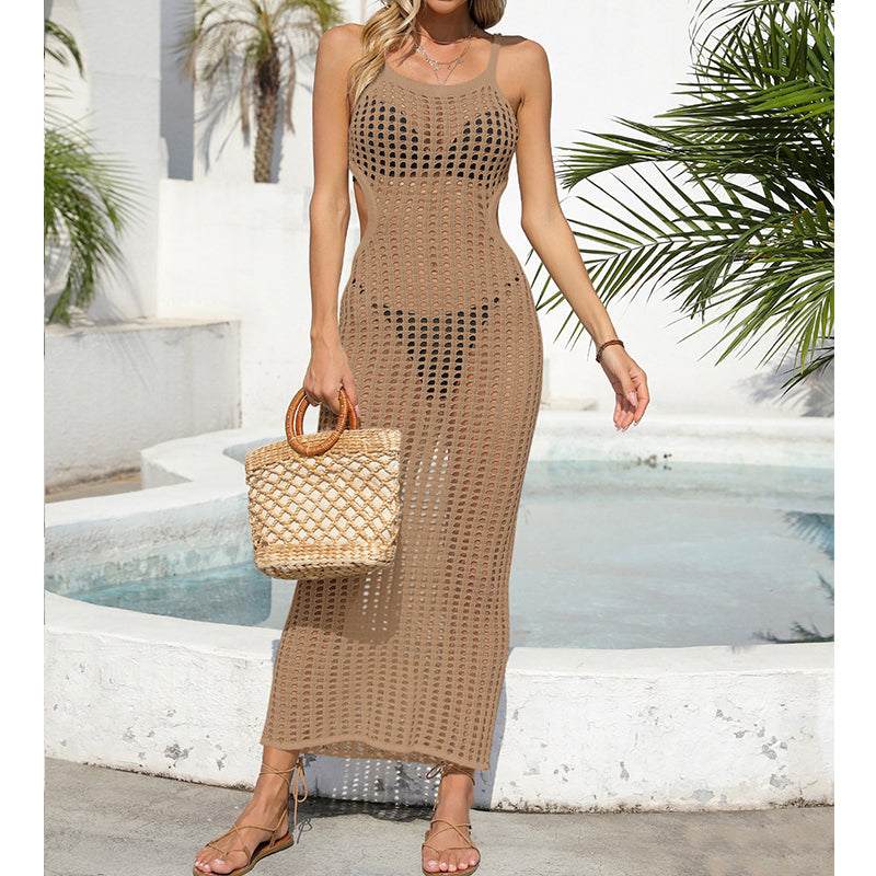 Sexy Aushöhlungen, Cut-Outs an der Taille, langes, einfarbiges, atmungsaktives Träger-Maxikleid, Sonnenschutz-Strandkleid, Häkelnadel