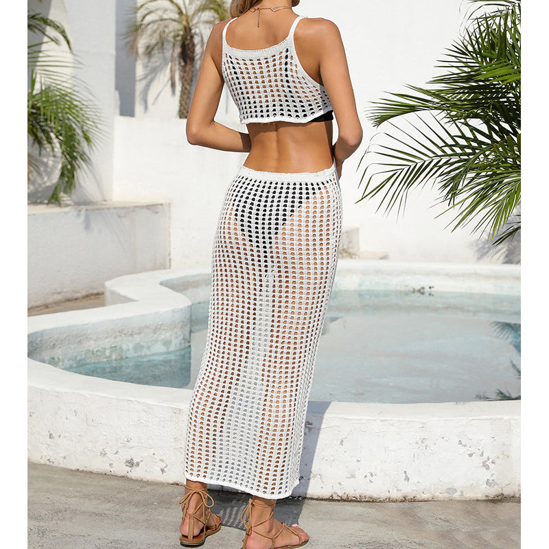 Sexy Aushöhlungen, Cut-Outs an der Taille, langes, einfarbiges, atmungsaktives Träger-Maxikleid, Sonnenschutz-Strandkleid, Häkelnadel