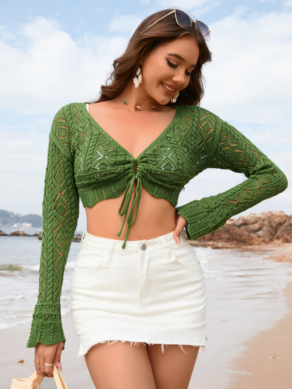 Frühling Sommer Seil Bluse V-Ausschnitt Einfarbig Damen Strickwaren