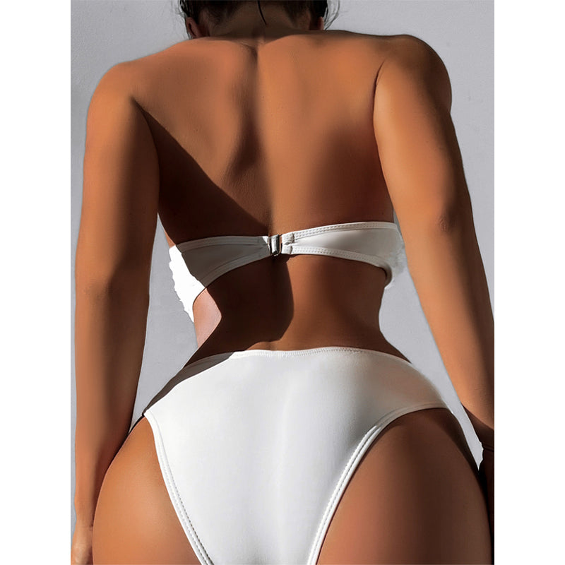 Maillot de bain bikini pour femme sexy bandeau bikini floral couleur unie taille haute