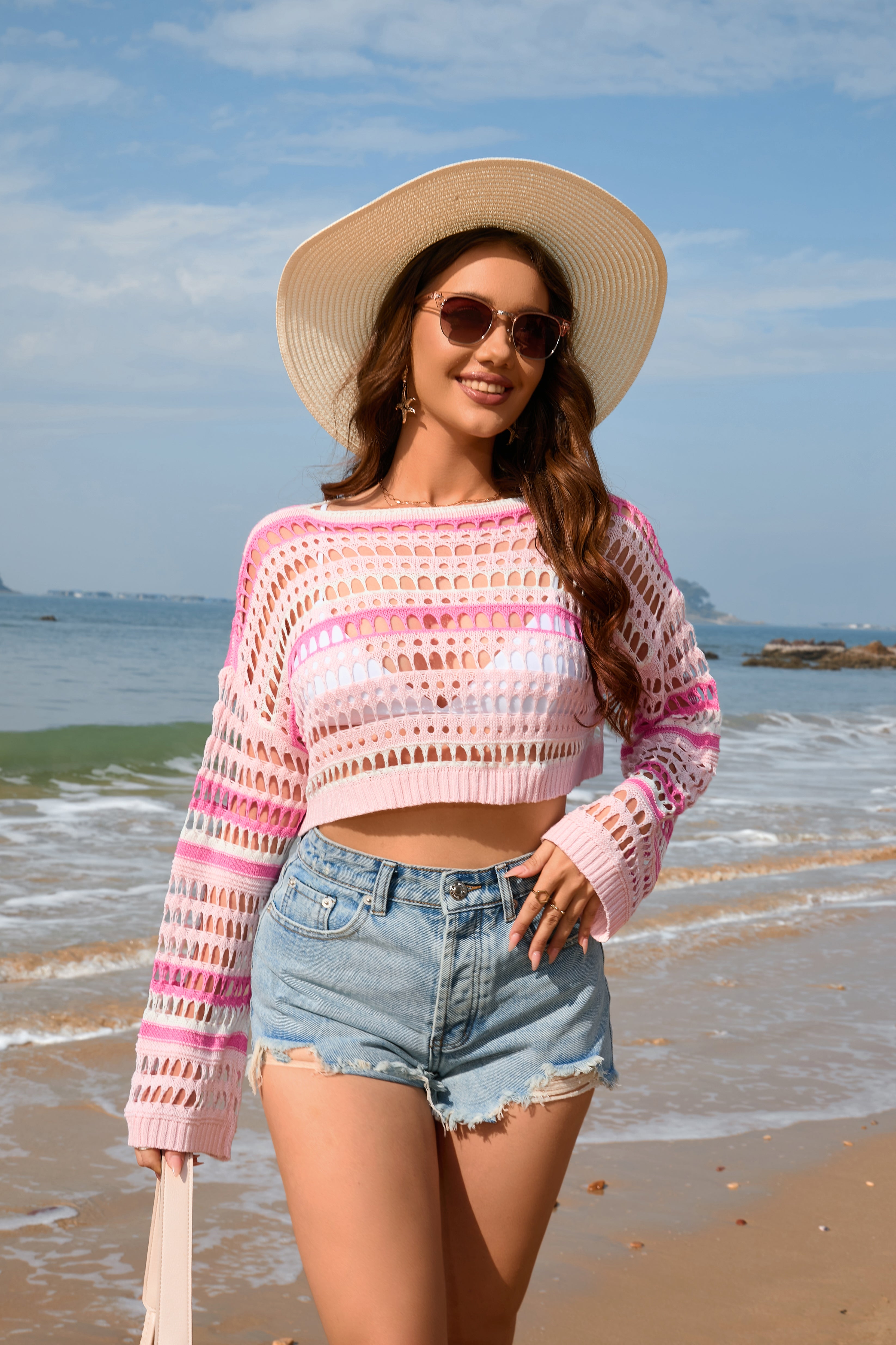 Frühling Sommer Damen Hohl Out Cutout Gestreiftes Patchwork Sexy Pullover Damen Strickmode