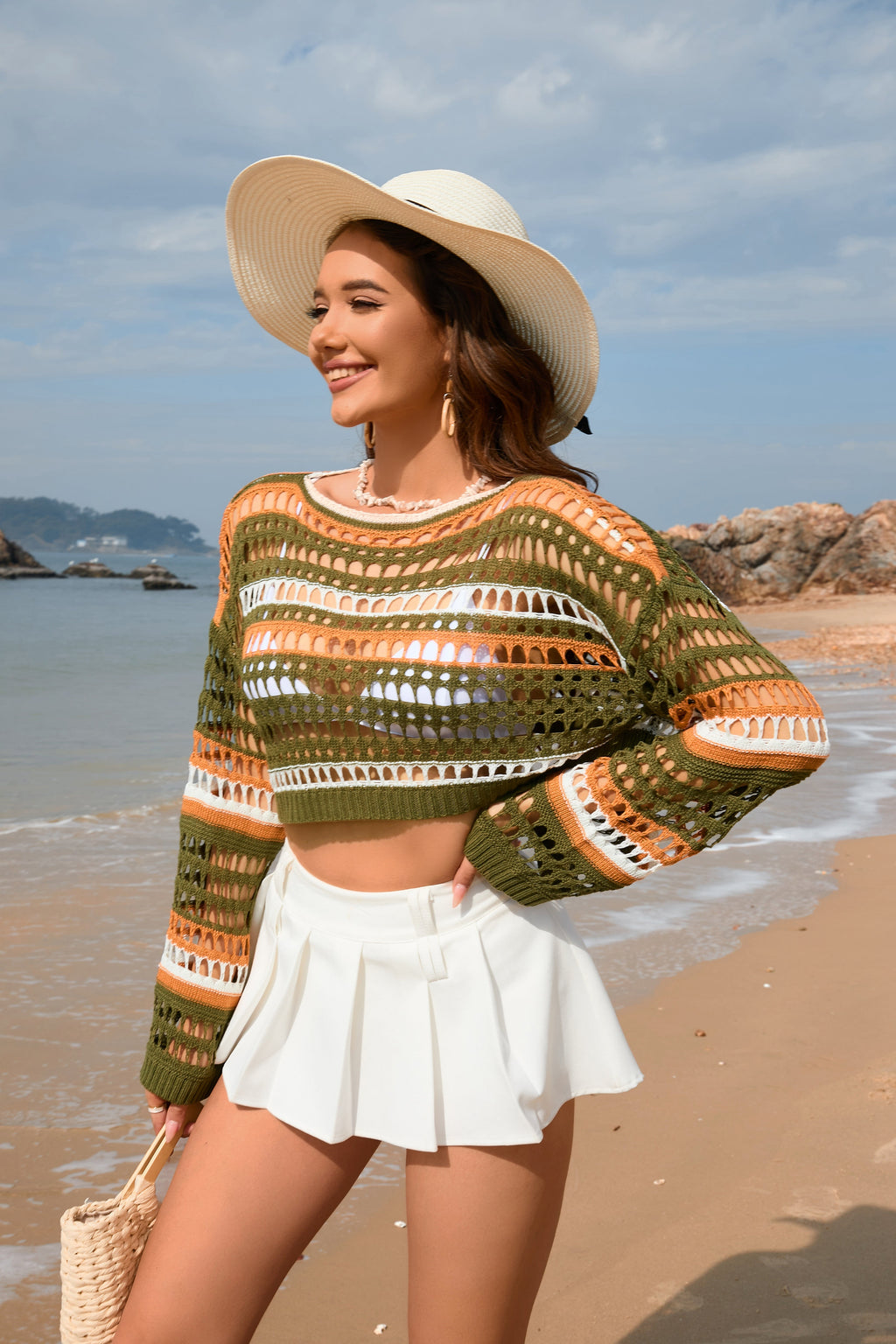 Frühling Sommer Damen Hohl Out Cutout Gestreiftes Patchwork Sexy Pullover Damen Strickmode