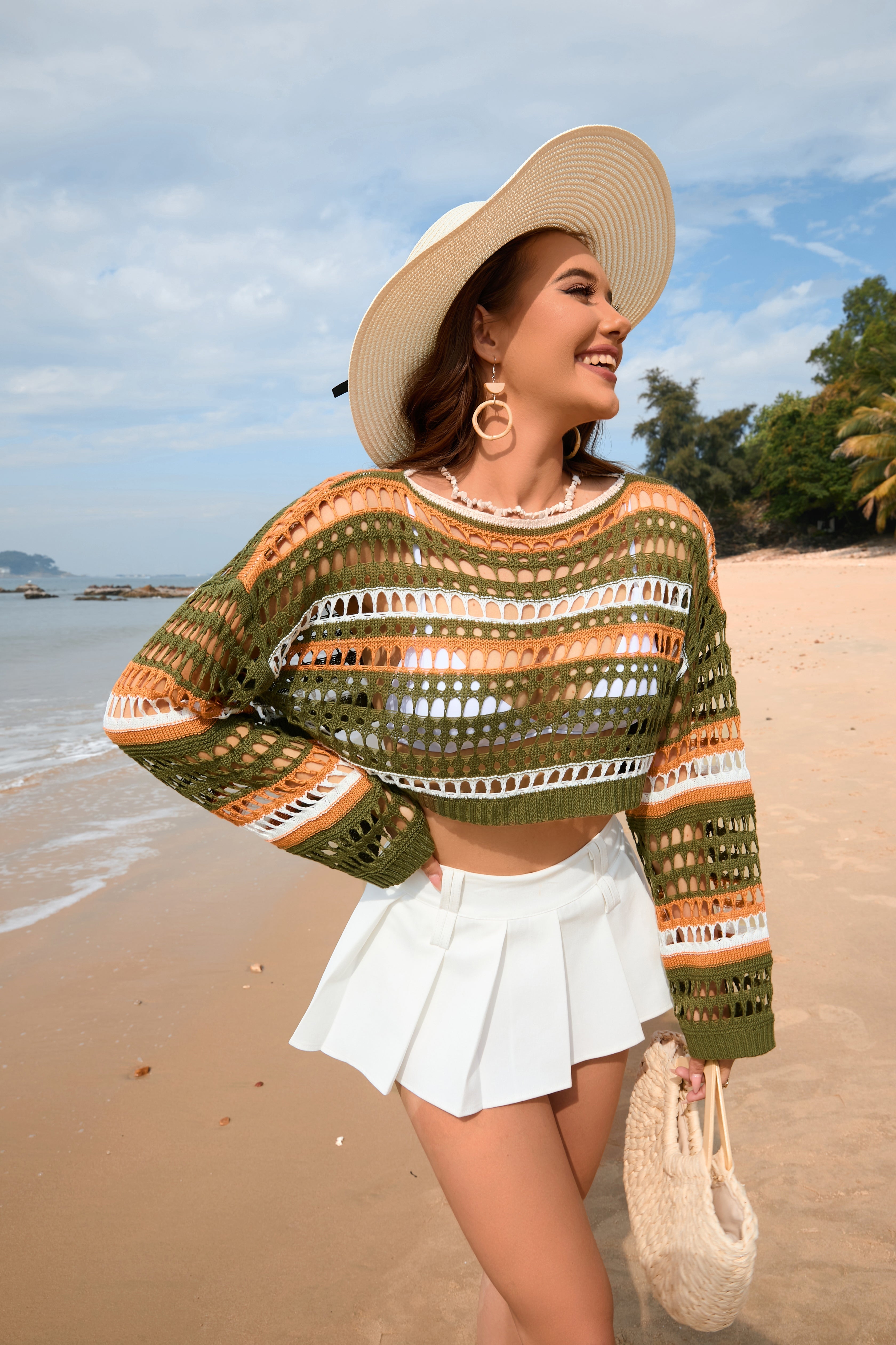 Frühling Sommer Damen Hohl Out Cutout Gestreiftes Patchwork Sexy Pullover Damen Strickmode