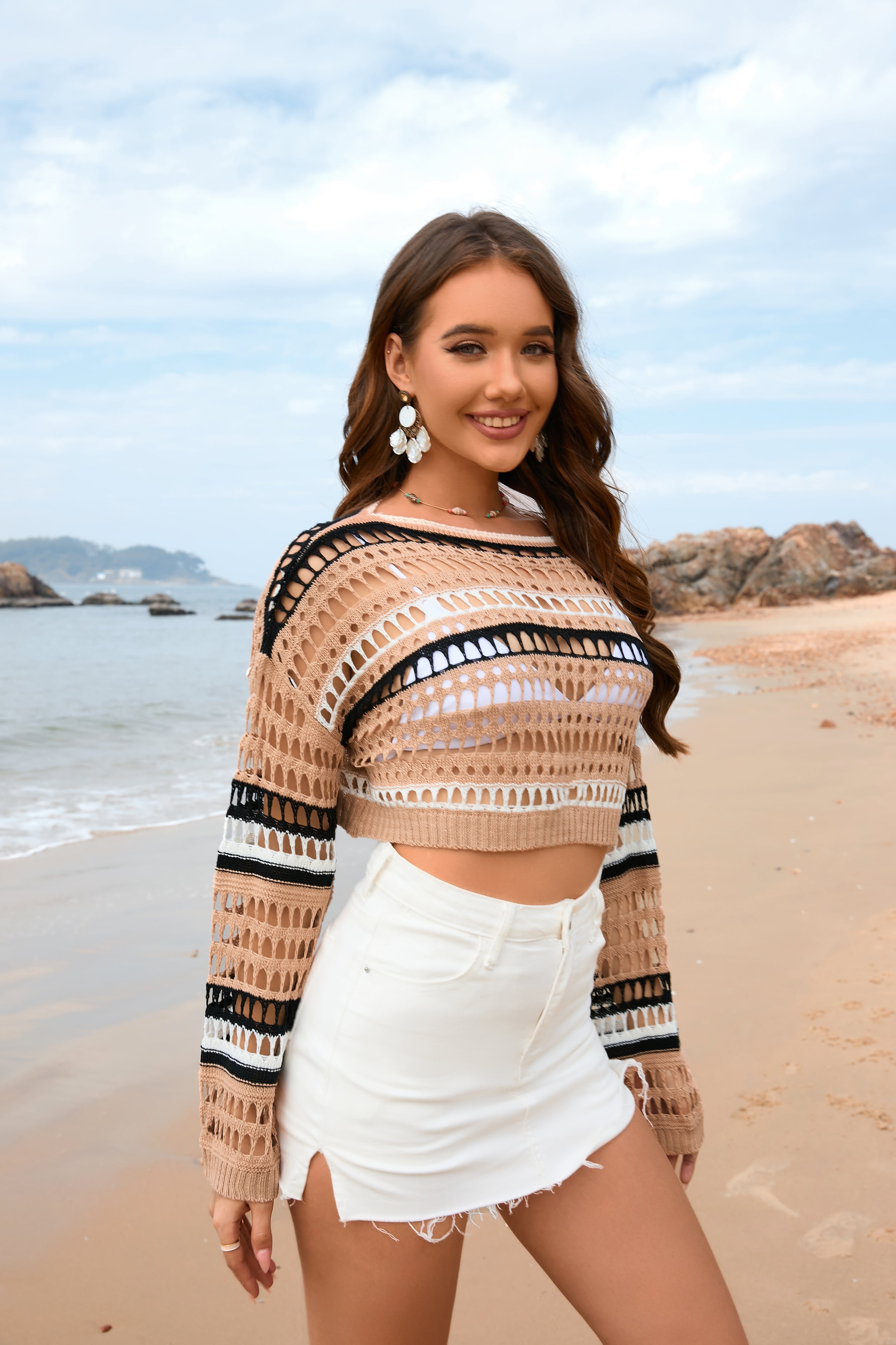 Frühling Sommer Damen Hohl Out Cutout Gestreiftes Patchwork Sexy Pullover Damen Strickmode