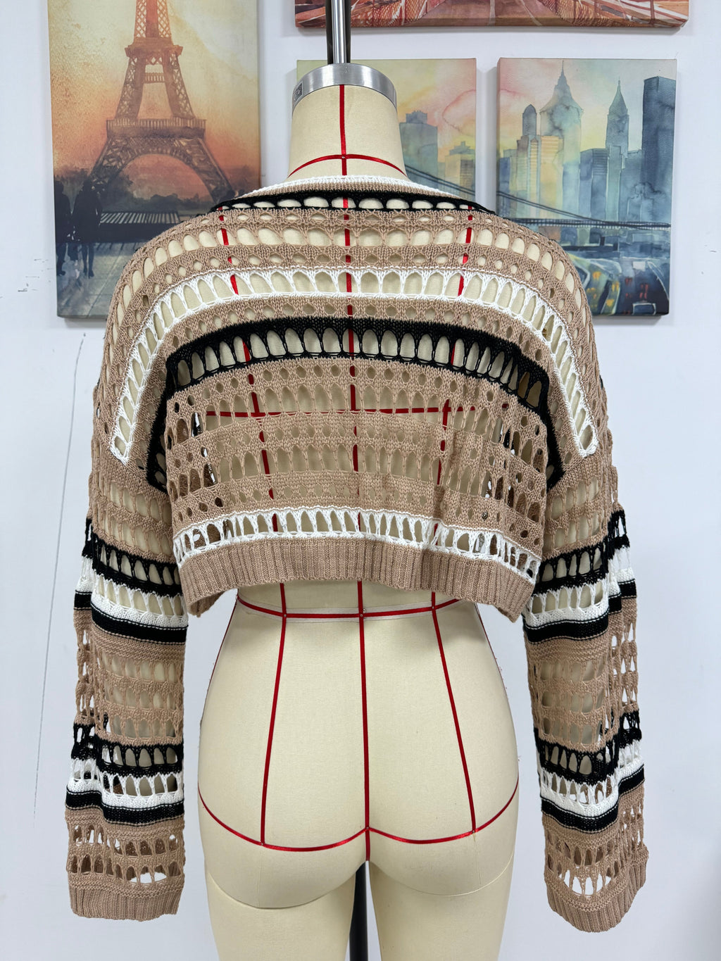 Frühling Sommer Damen Hohl Out Cutout Gestreiftes Patchwork Sexy Pullover Damen Strickmode