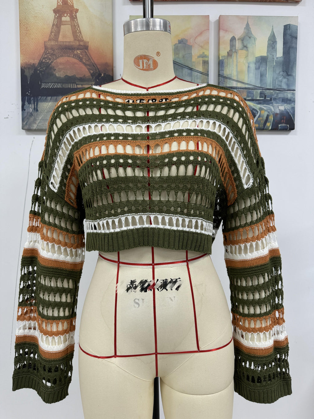 Frühling Sommer Damen Hohl Out Cutout Gestreiftes Patchwork Sexy Pullover Damen Strickmode