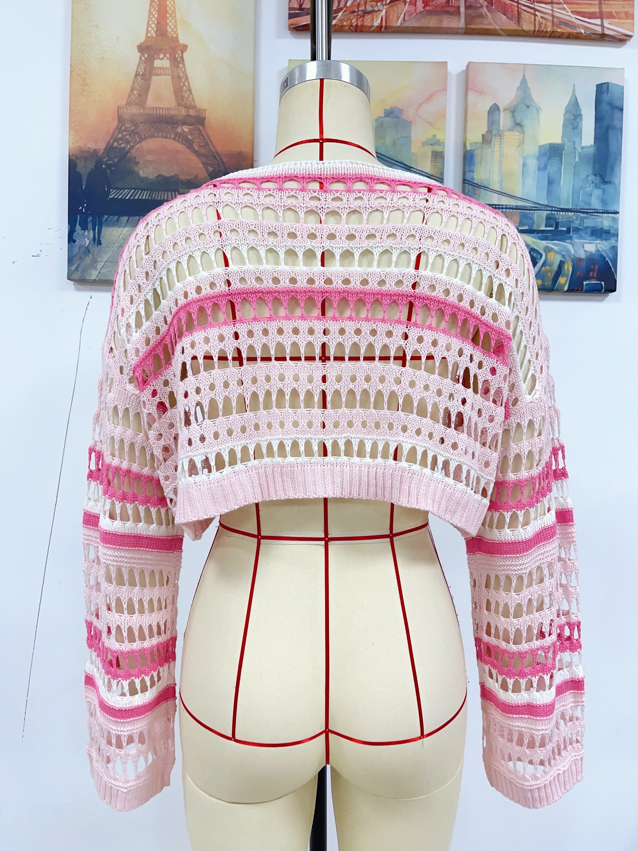 Frühling Sommer Damen Hohl Out Cutout Gestreiftes Patchwork Sexy Pullover Damen Strickmode