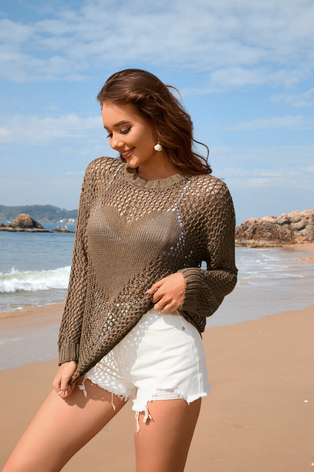 Strick-Sommer-Damen-Rundhals-Strand-Cover-Up-Urlaub-Einfarbig