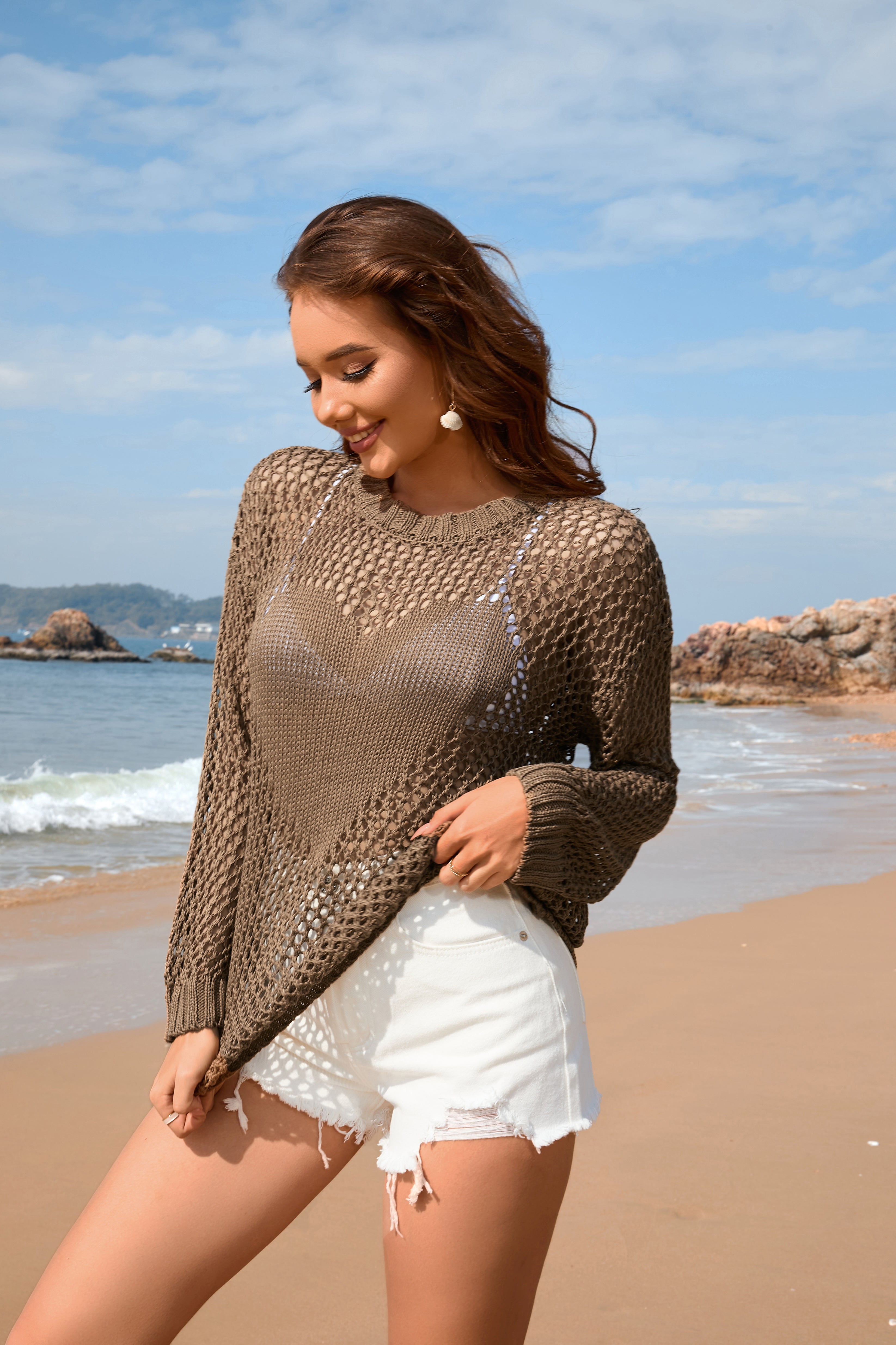 Strick-Sommer-Damen-Rundhals-Strand-Cover-Up-Urlaub-Einfarbig