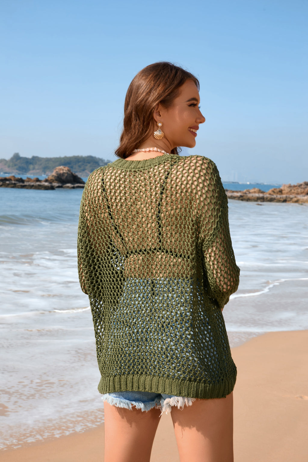 Strick-Sommer-Damen-Rundhals-Strand-Cover-Up-Urlaub-Einfarbig
