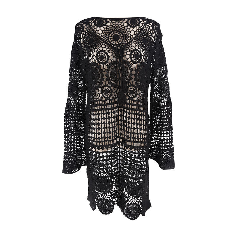 Glockenärmel Wasserlöslicher Aushöhlung Ausgeschnitten Lockerer Strand-Cover-Up Sonnenschutz Urlaub Strandkleid Damen Badeanzug Oberbekleidung