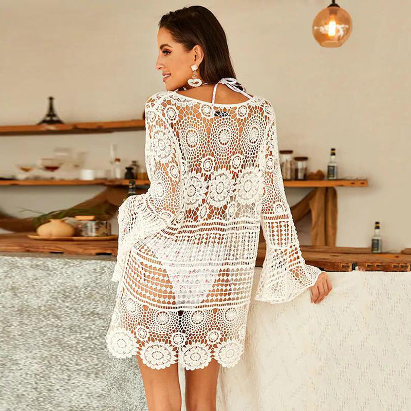 Glockenärmel Wasserlöslicher Aushöhlung Ausgeschnitten Lockerer Strand-Cover-Up Sonnenschutz Urlaub Strandkleid Damen Badeanzug Oberbekleidung