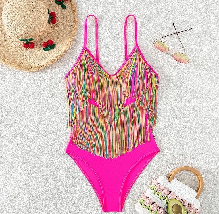 Afrikanischer One Piece Badeanzug Damen Einfarbig Quastenriemen Schwimmanzug