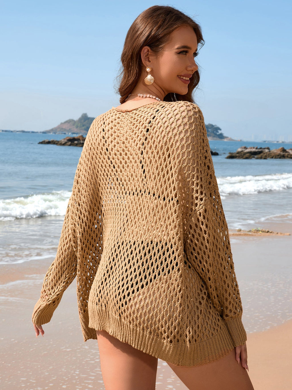 Tricot d'été Femme Manches Longues Couleur Unie Col Rond Ample Maille Évidée Découpes