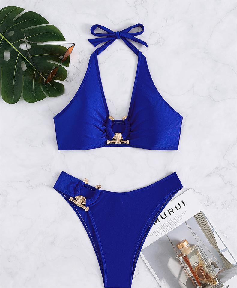 Maillot de bain deux pièces sexy avec accessoires en métal, bikini de couleur unie, haut tube, taille haute pour femme