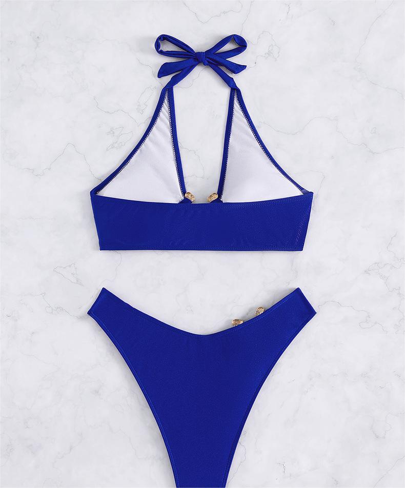 Maillot de bain deux pièces sexy avec accessoires en métal, bikini de couleur unie, haut tube, taille haute pour femme