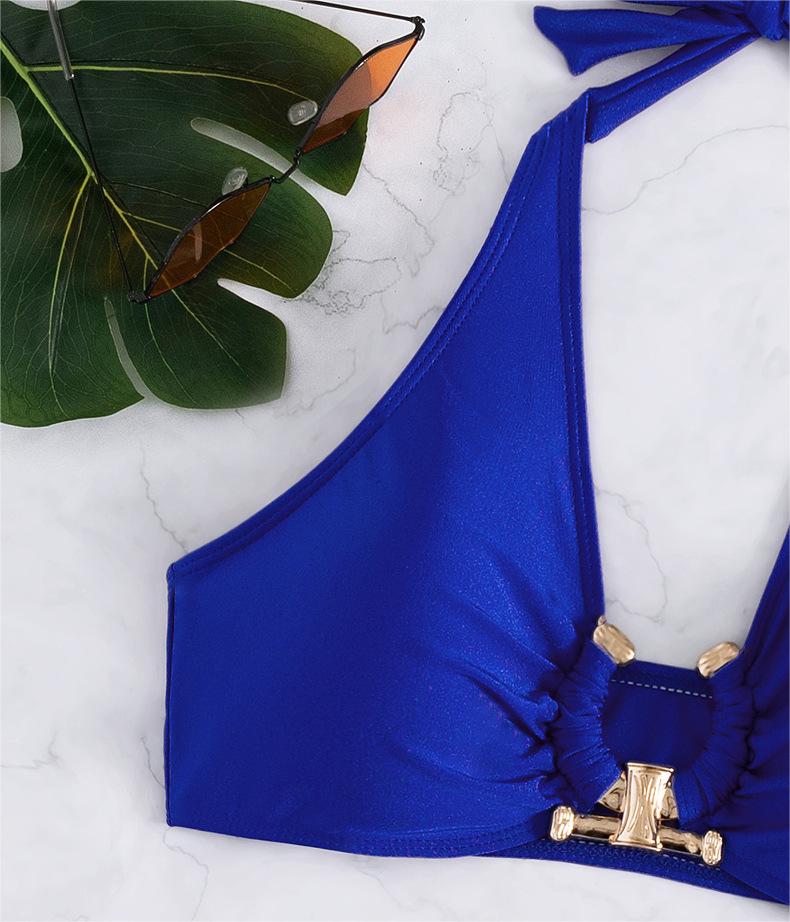 Maillot de bain deux pièces sexy avec accessoires en métal, bikini de couleur unie, haut tube, taille haute pour femme