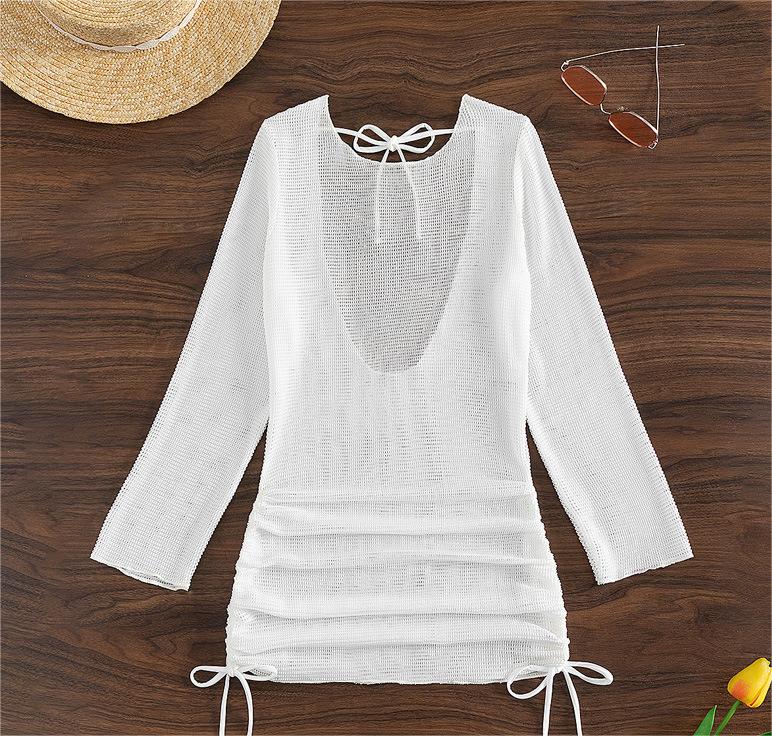 Strandüberwurf Weiß Sexy Rückenloses Mesh Langarm Sonnenschutz Overshirt Badeanzug Oberbekleidung Shirt