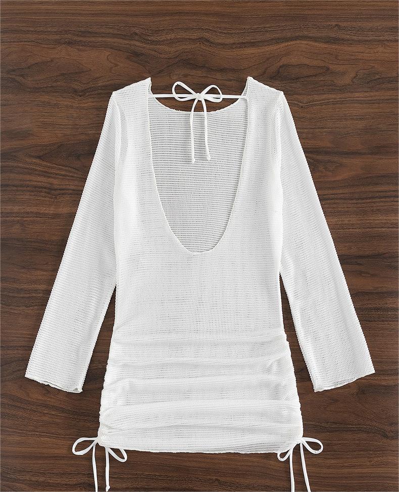 Strandüberwurf Weiß Sexy Rückenloses Mesh Langarm Sonnenschutz Overshirt Badeanzug Oberbekleidung Shirt