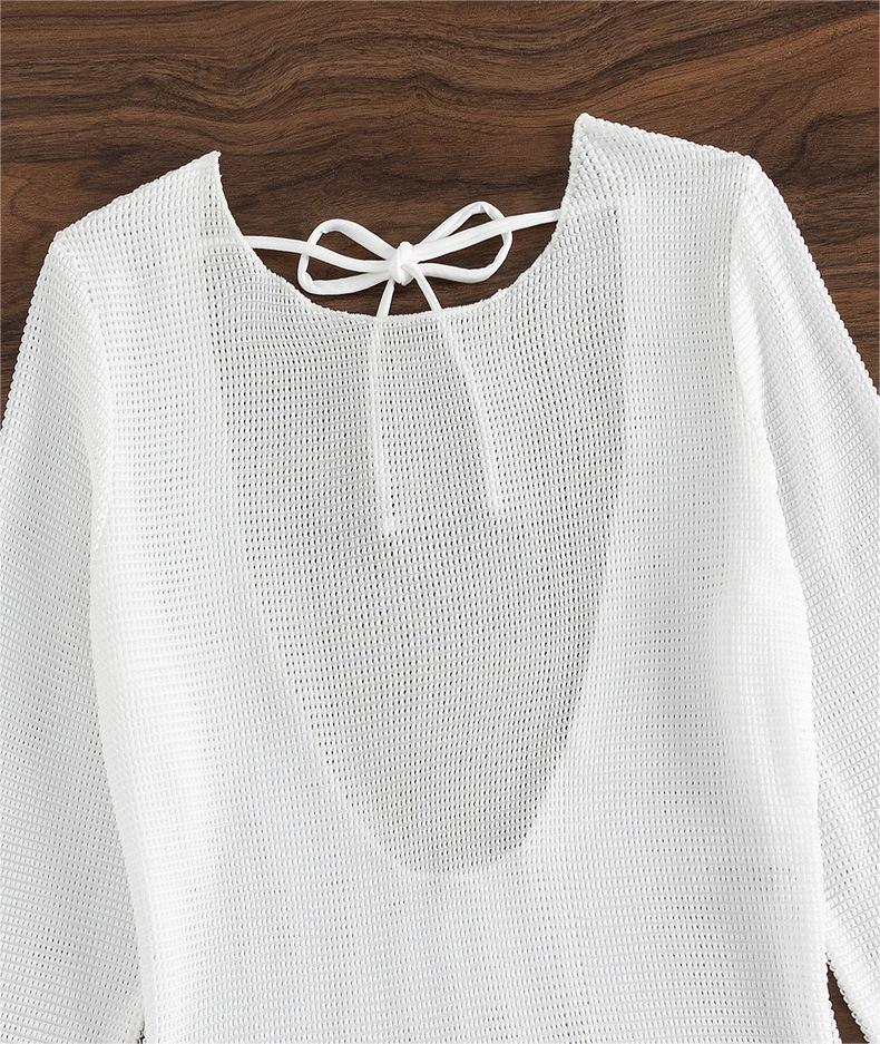 Strandüberwurf Weiß Sexy Rückenloses Mesh Langarm Sonnenschutz Overshirt Badeanzug Oberbekleidung Shirt