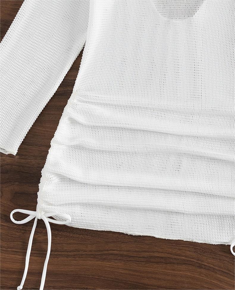 Strandüberwurf Weiß Sexy Rückenloses Mesh Langarm Sonnenschutz Overshirt Badeanzug Oberbekleidung Shirt