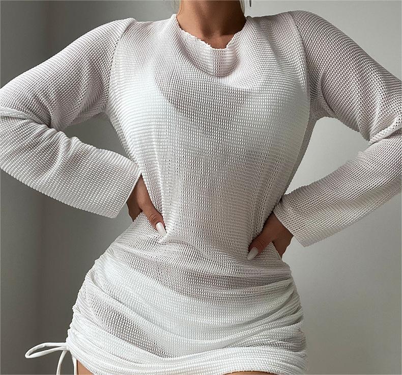 Strandüberwurf Weiß Sexy Rückenloses Mesh Langarm Sonnenschutz Overshirt Badeanzug Oberbekleidung Shirt
