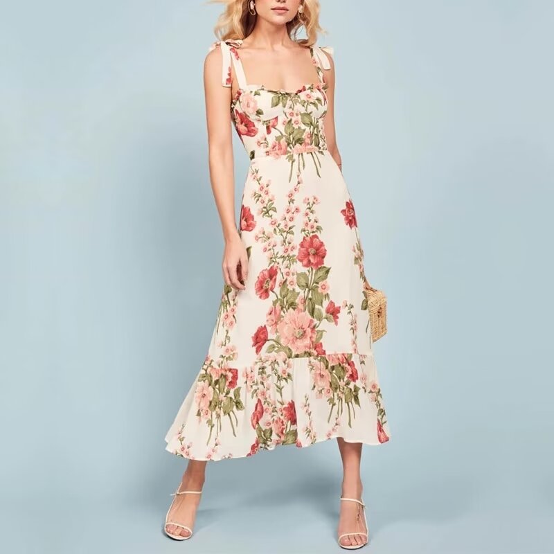 Frühlings-Retro-Urlaubs-Blumendruck weißer Hintergrund Schnür-ärmelloses Cami-Kleid