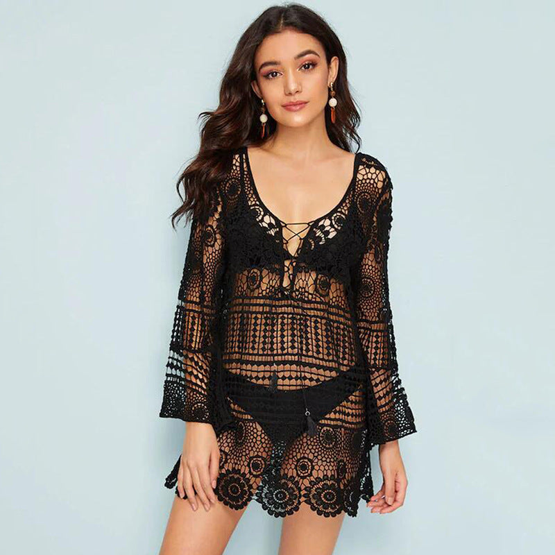 Glockenärmel Wasserlöslicher Aushöhlung Ausgeschnitten Lockerer Strand-Cover-Up Sonnenschutz Urlaub Strandkleid Damen Badeanzug Oberbekleidung