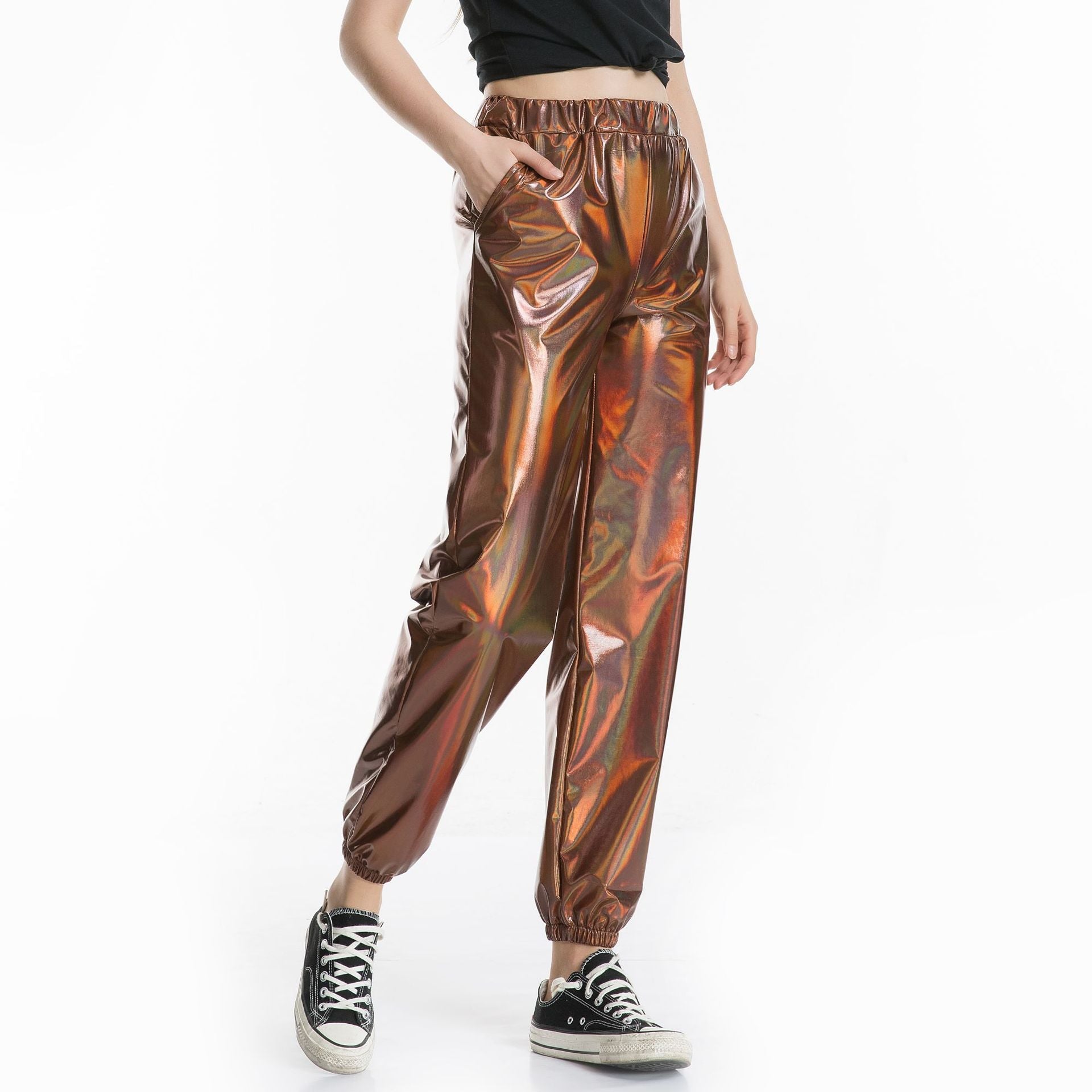 Lässige Sport Street Hip Hop Party Glänzende Bunte Hose Hologramm Laser Weite Damenhose
