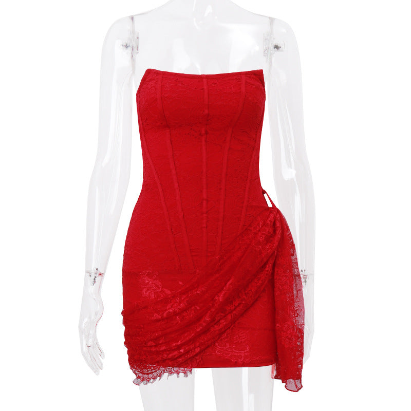Damenbekleidung Herbst Sexy Spitze Korsett ohne Schulter trägerloses Oberteil leicht transparentes, figurbetontes Kleid Damen