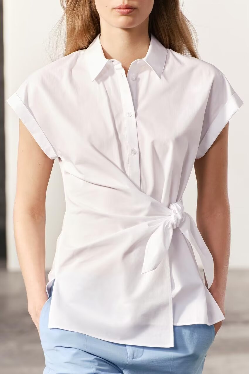 Printemps Été Type Élégant Rétro Design Chemise Blanche à Lacets Chemise Popeline Femmes Hauts