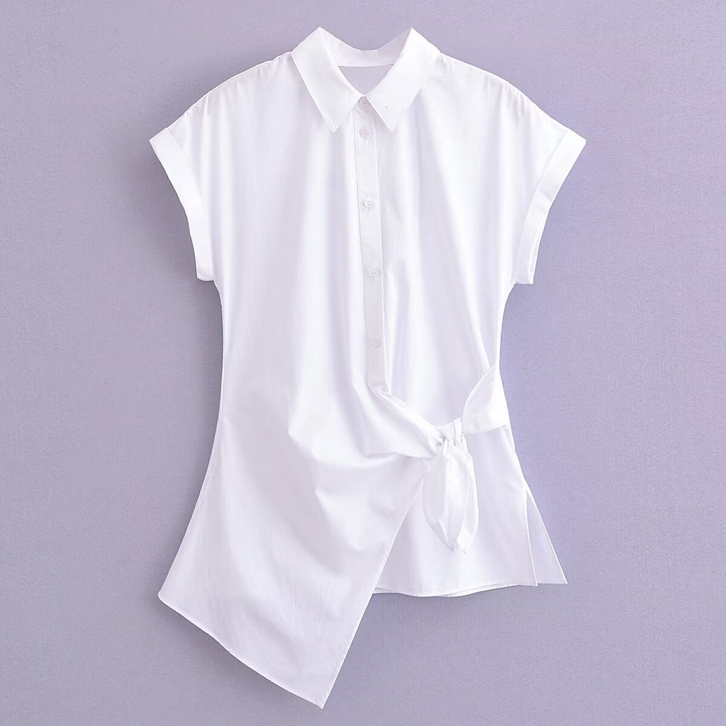 Printemps Été Type Élégant Rétro Design Chemise Blanche à Lacets Chemise Popeline Femmes Hauts
