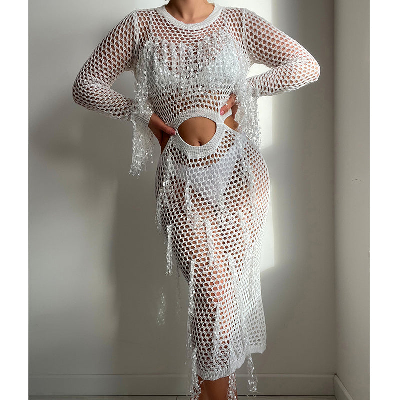 Robe de vacances à manches longues en tricot ajouré à paillettes et pampilles, col rond, tenue courte, blouse de maillot de bain, vêtements de protection solaire, robe, crochet