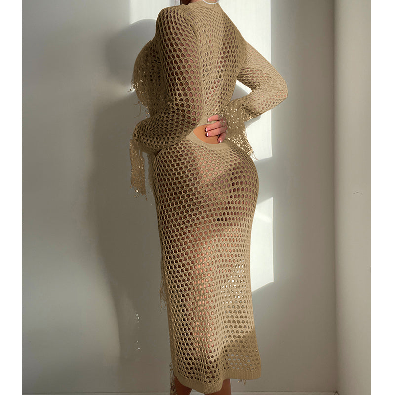 Robe de vacances à manches longues en tricot ajouré à paillettes et pampilles, col rond, tenue courte, blouse de maillot de bain, vêtements de protection solaire, robe, crochet