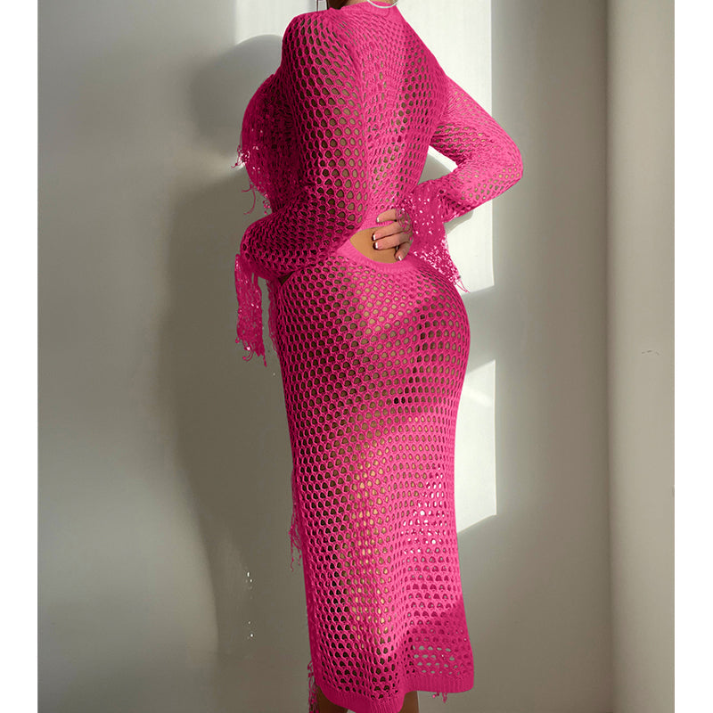 Robe de vacances à manches longues en tricot ajouré à paillettes et pampilles, col rond, tenue courte, blouse de maillot de bain, vêtements de protection solaire, robe, crochet