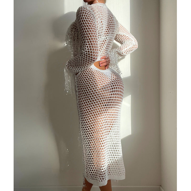 Robe de vacances à manches longues en tricot ajouré à paillettes et pampilles, col rond, tenue courte, blouse de maillot de bain, vêtements de protection solaire, robe, crochet