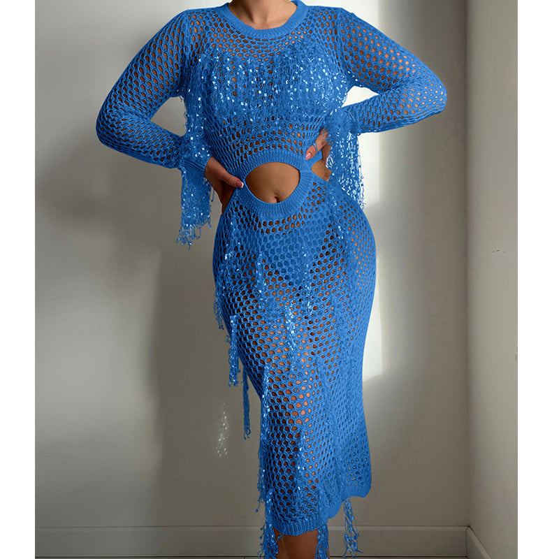 Robe de vacances à manches longues en tricot ajouré à paillettes et pampilles, col rond, tenue courte, blouse de maillot de bain, vêtements de protection solaire, robe, crochet