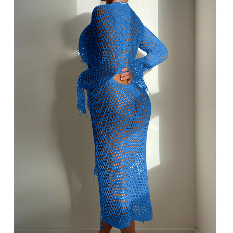 Robe de vacances à manches longues en tricot ajouré à paillettes et pampilles, col rond, tenue courte, blouse de maillot de bain, vêtements de protection solaire, robe, crochet