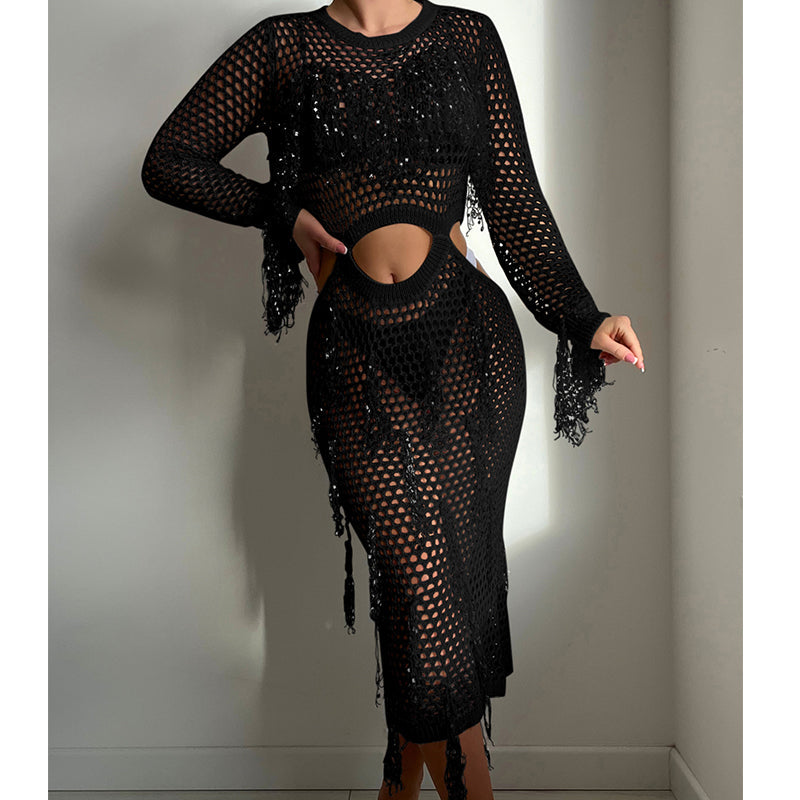 Robe de vacances à manches longues en tricot ajouré à paillettes et pampilles, col rond, tenue courte, blouse de maillot de bain, vêtements de protection solaire, robe, crochet