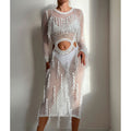 Robe de vacances à manches longues en tricot ajouré à paillettes et pampilles, col rond, tenue courte, blouse de maillot de bain, vêtements de protection solaire, robe, crochet