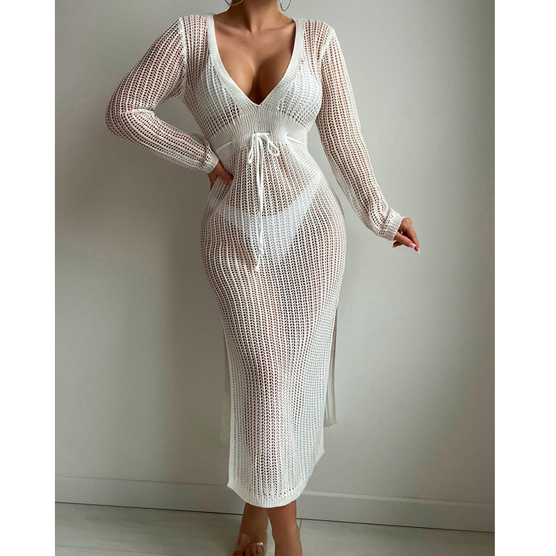 Robe de vacances sexy à découpes tricotées, décolleté plongeant en V profond, lacets à la taille, manches longues, jupe fendue, maillot de bain, chemisier, crochet