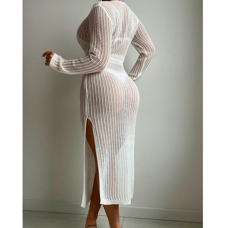 Robe de vacances sexy à découpes tricotées, décolleté plongeant en V profond, lacets à la taille, manches longues, jupe fendue, maillot de bain, chemisier, crochet