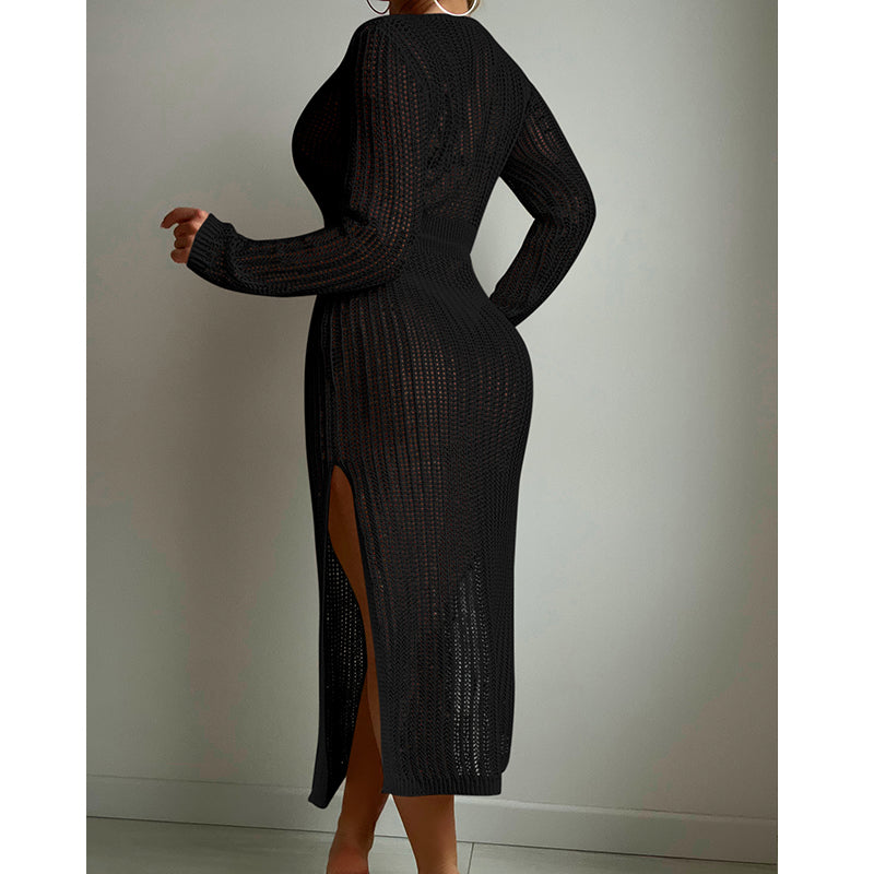Robe de vacances sexy à découpes tricotées, décolleté plongeant en V profond, lacets à la taille, manches longues, jupe fendue, maillot de bain, chemisier, crochet