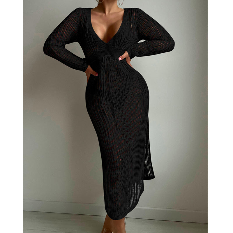 Robe de vacances sexy à découpes tricotées, décolleté plongeant en V profond, lacets à la taille, manches longues, jupe fendue, maillot de bain, chemisier, crochet