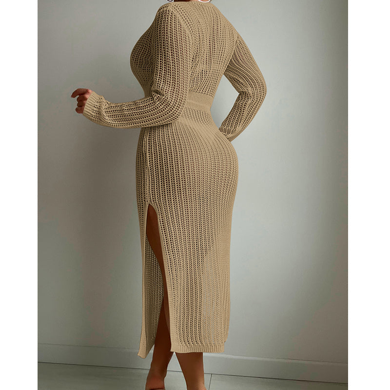Robe de vacances sexy à découpes tricotées, décolleté plongeant en V profond, lacets à la taille, manches longues, jupe fendue, maillot de bain, chemisier, crochet