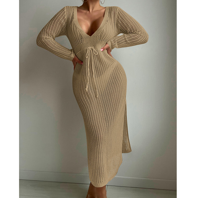 Robe de vacances sexy à découpes tricotées, décolleté plongeant en V profond, lacets à la taille, manches longues, jupe fendue, maillot de bain, chemisier, crochet